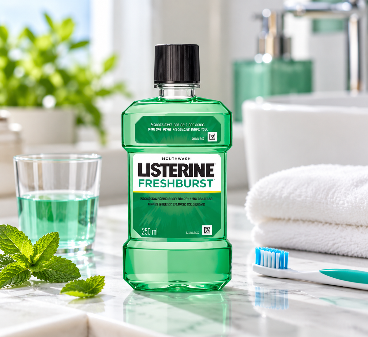 Listerine Freshburst Mouthwash 250ml displayed on a bright bathroom vanity with a glass of green mouthwash, fresh mint leaves, a white and teal toothbrush, and a folded white towel.