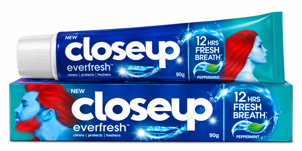Closeup Everfresh Peppermint Toothpaste 90g featuring a deep blue and turquoise tube with a white screw cap, bold white Closeup branding, Everfresh lettering, sparkling water graphics, a green peppermint leaf illustration, and a stylised face with vibrant red hair. The packaging highlights 12 hours of fresh breath and the cleans, protects and freshens message. Displayed horizontally against a clean white background, showcasing peppermint toothpaste for everyday oral hygiene and a refreshing brushing routine