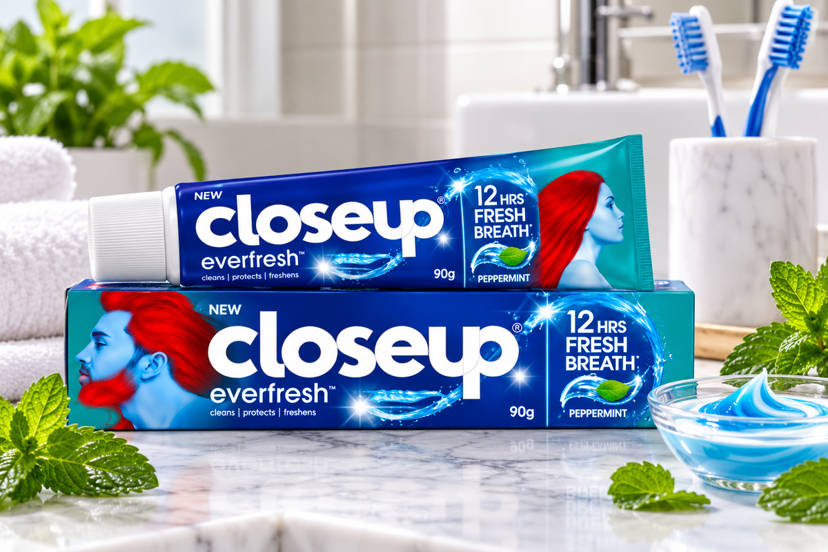 Closeup Everfresh Peppermint Toothpaste 90g tube and matching box displayed on a polished marble bathroom countertop, featuring deep blue and turquoise packaging, prominent white Closeup branding, sparkling water graphics, peppermint leaf illustrations, and 12 hours of fresh breath messaging. Fresh mint leaves, blue-and-white toothpaste gel in a glass bowl, toothbrushes, neatly folded white towels, and a green plant complete the bright bathroom setting, highlighting the peppermint toothpaste as part of a re
