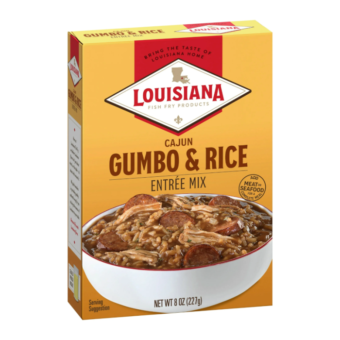 Louisiana Fish Fry Cajun Gumbo & Rice Entrée Mix packaging with authentic Cajun flavor