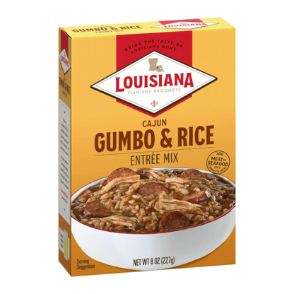 Louisiana Fish Fry Cajun Gumbo & Rice Entrée Mix packaging with authentic Cajun flavor