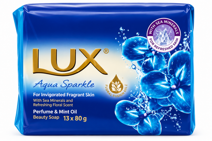 Lux Blue Aqua Sparkle Beauty Soap 13-pack of 80g bars in blue packaging with gold Lux logo, blue floral imagery and sea minerals.