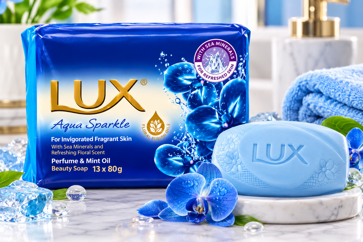 Lux Blue Aqua Sparkle Soap multipack displayed with a pale blue Lux soap bar, blue orchids, water droplets and a marble soap dish.
