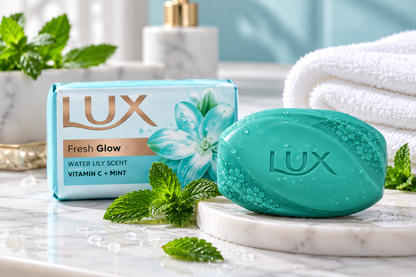 LUX Fresh Glow Soap 130g turquoise bar and aqua packaging displayed on a marble bathroom surface with fresh mint leaves and a white towel.