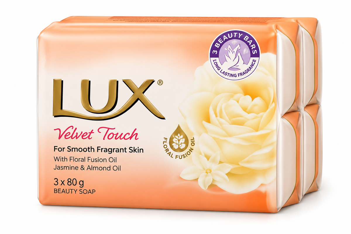 LUX Velvet Touch Soap 3-pack containing three 80g beauty bars, featuring peach and cream packaging, gold LUX branding, a large cream-colored flower, and floral design details against a clean white background.