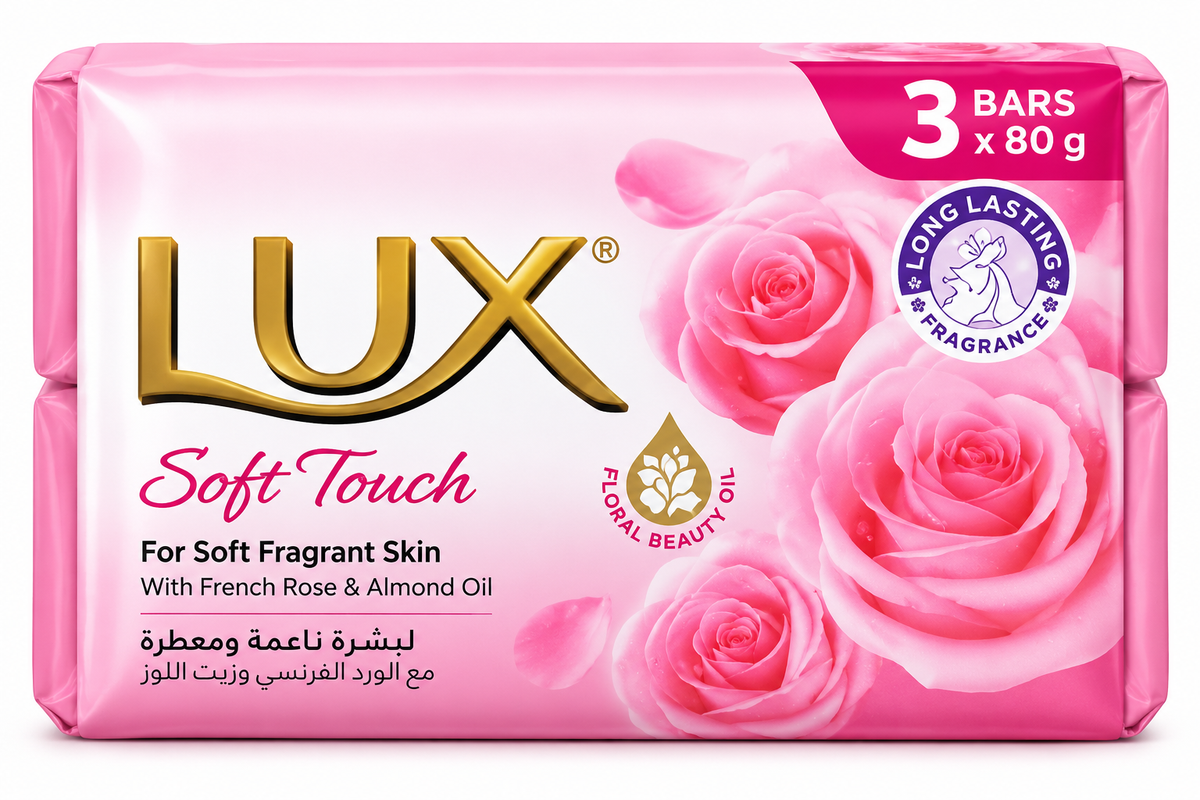 LUX Pink Soft Touch Soap 3-pack of 80g bars in pink packaging with gold LUX branding and pink rose designs.