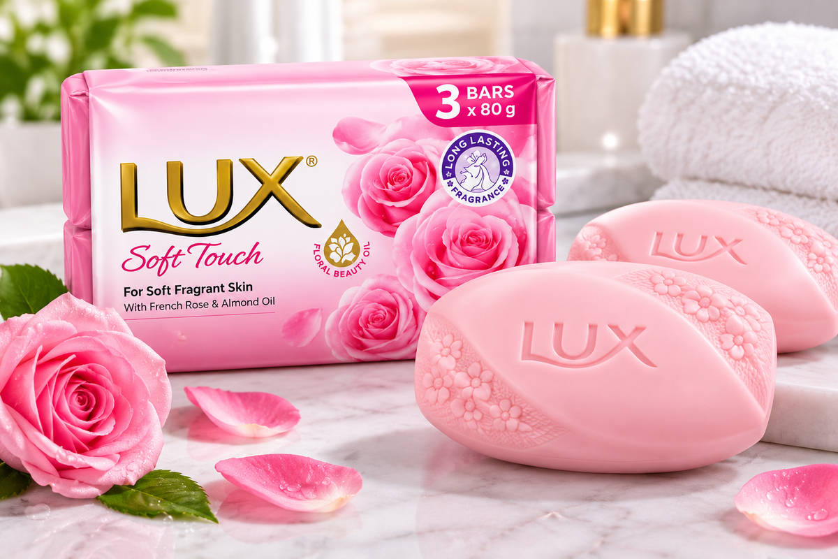 LUX Pink Soft Touch Soap 3-pack with pink soap bars, rose-decorated packaging, fresh pink roses and petals displayed on a marble bathroom surface.