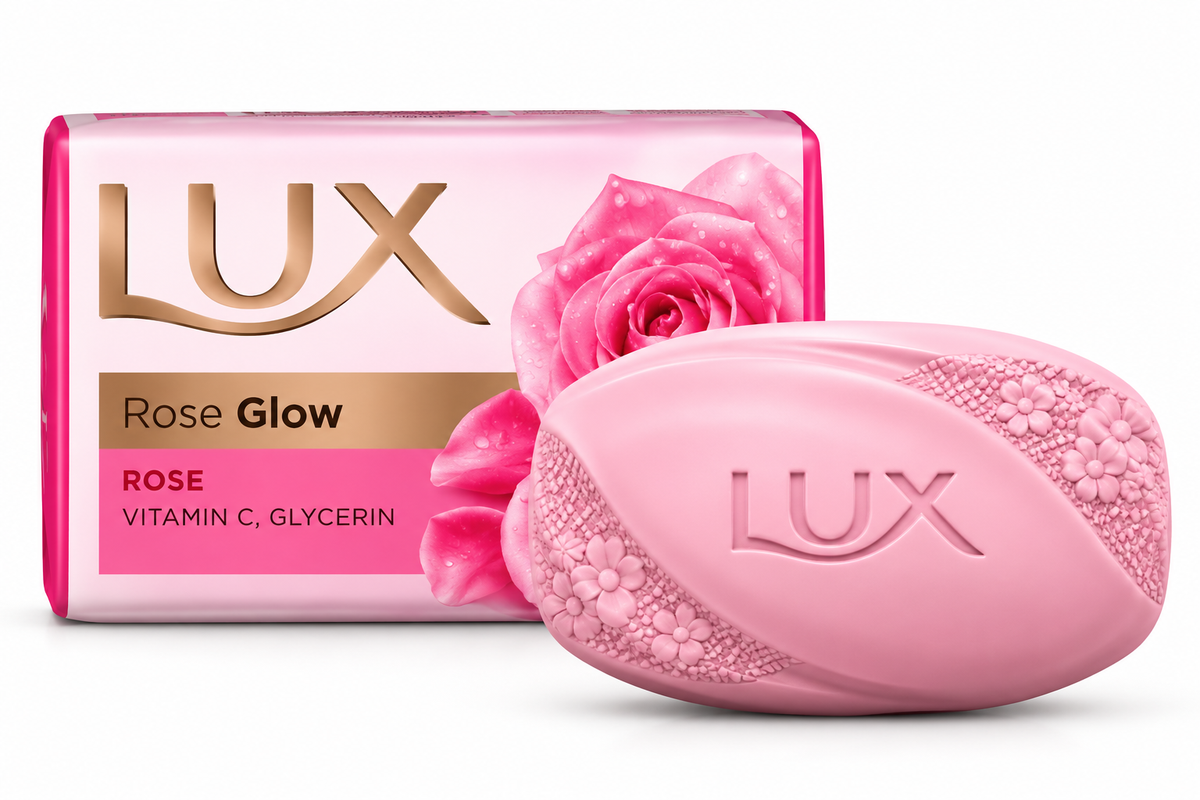 LUX Rose Glow Soap 167g featuring a pink soap bar with embossed LUX branding, floral detailing, and matching pink packaging with rose imagery and gold accents against a clean white background.