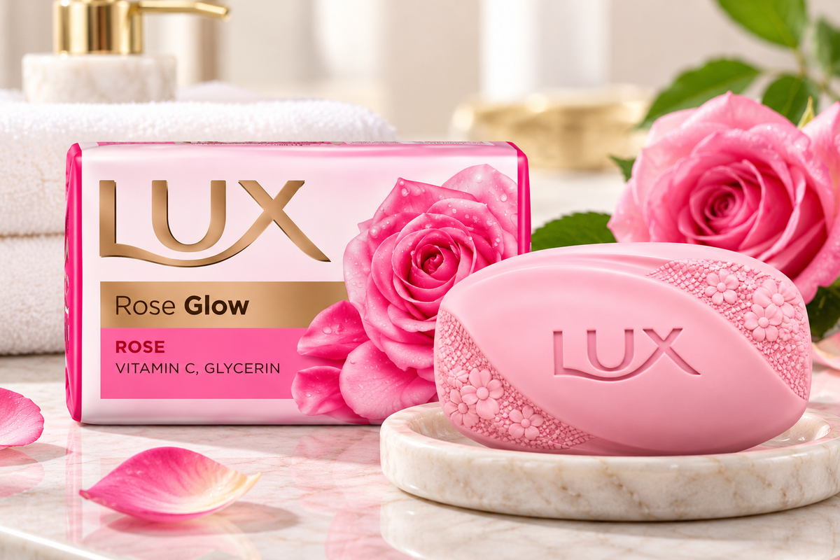 LUX Rose Glow Soap 167g displayed on a marble soap dish beside its pink packaging, fresh pink roses, scattered rose petals, and folded white towels in a softly lit bathroom setting.