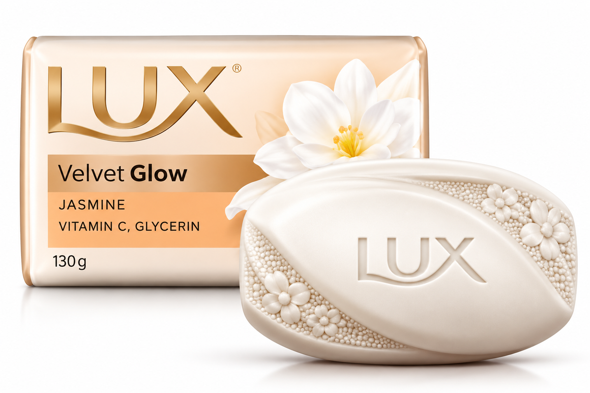 Lux Velvet Glow Jasmine Soap 130g featuring a smooth ivory oval soap bar embossed with the Lux logo and delicate floral detailing, paired with cream and gold packaging displaying the Lux branding, Velvet Glow name, and white jasmine flower illustrations. Showcased against a clean white background, highlighting the jasmine-scented beauty soap with vitamin C and glycerin for a luxurious daily bathing experience.