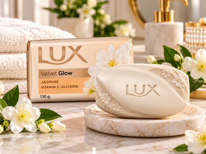 Lux Velvet Glow Jasmine Soap 130g displayed with its cream and gold packaging and an elegant ivory soap bar embossed with the Lux logo on a marble soap dish. Surrounded by fresh white jasmine blossoms, green leaves, soft white towels, and gold bathroom accessories in a warm, spa-inspired setting, showcasing the floral beauty soap for a refreshing and luxurious everyday bathing routine.