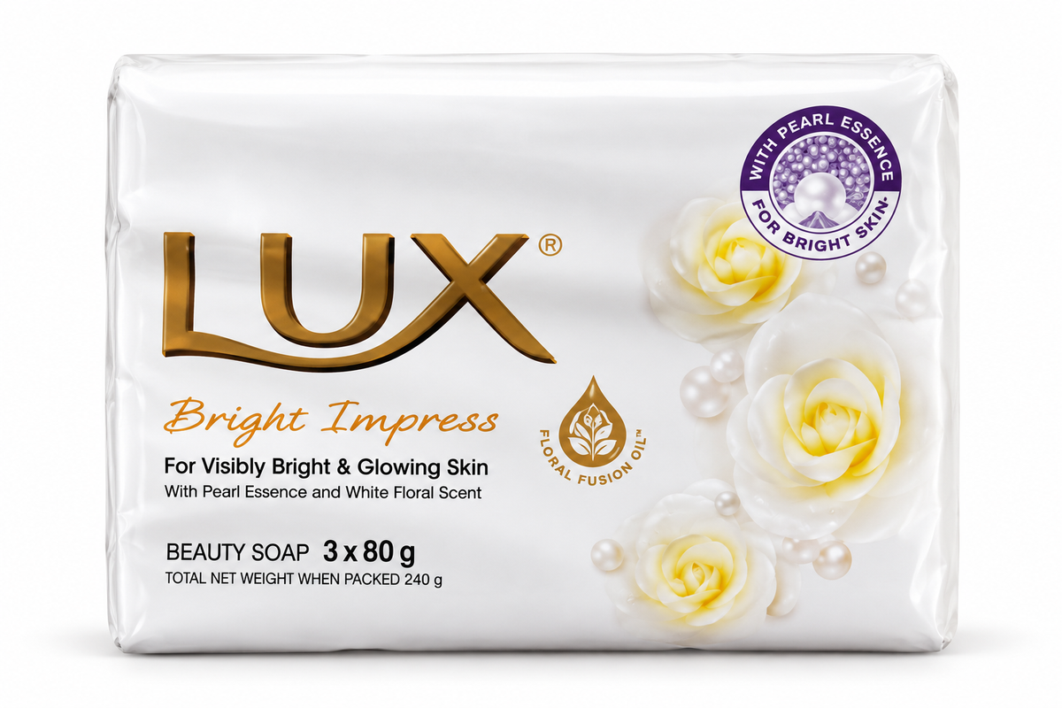 Lux White Bright Impress Beauty Soap multipack, 3 bars of 80g each, in white packaging with gold Lux branding, white floral imagery and pearl essence.