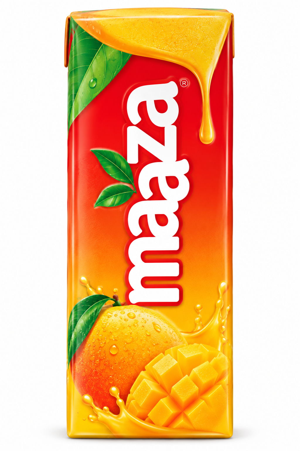 Maaza Mango Drink carton pack featuring vibrant red, orange and yellow packaging, bold white Maaza branding, ripe mango illustrations, green leaves, and juicy mango pulp graphics.