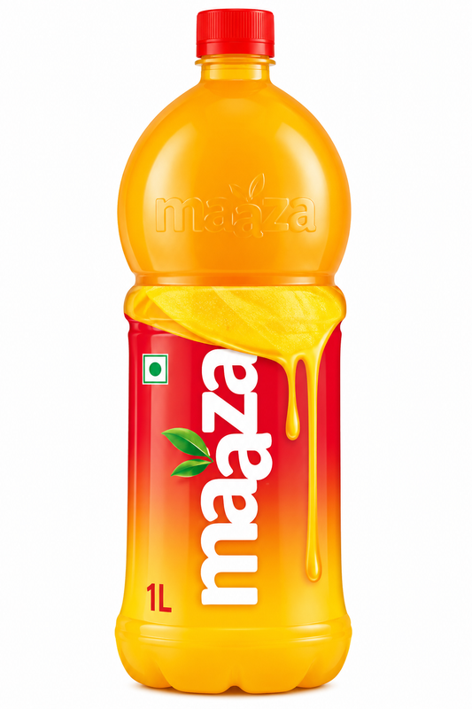 Maaza Mango Drink 1 litre plastic bottle with red cap and bright yellow and red mango drink packaging on a white background.