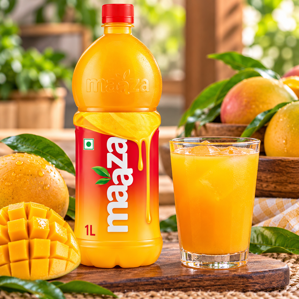 Maaza Mango Drink 1 litre bottle beside a glass of mango drink with ice, fresh mango slices and whole mangoes.