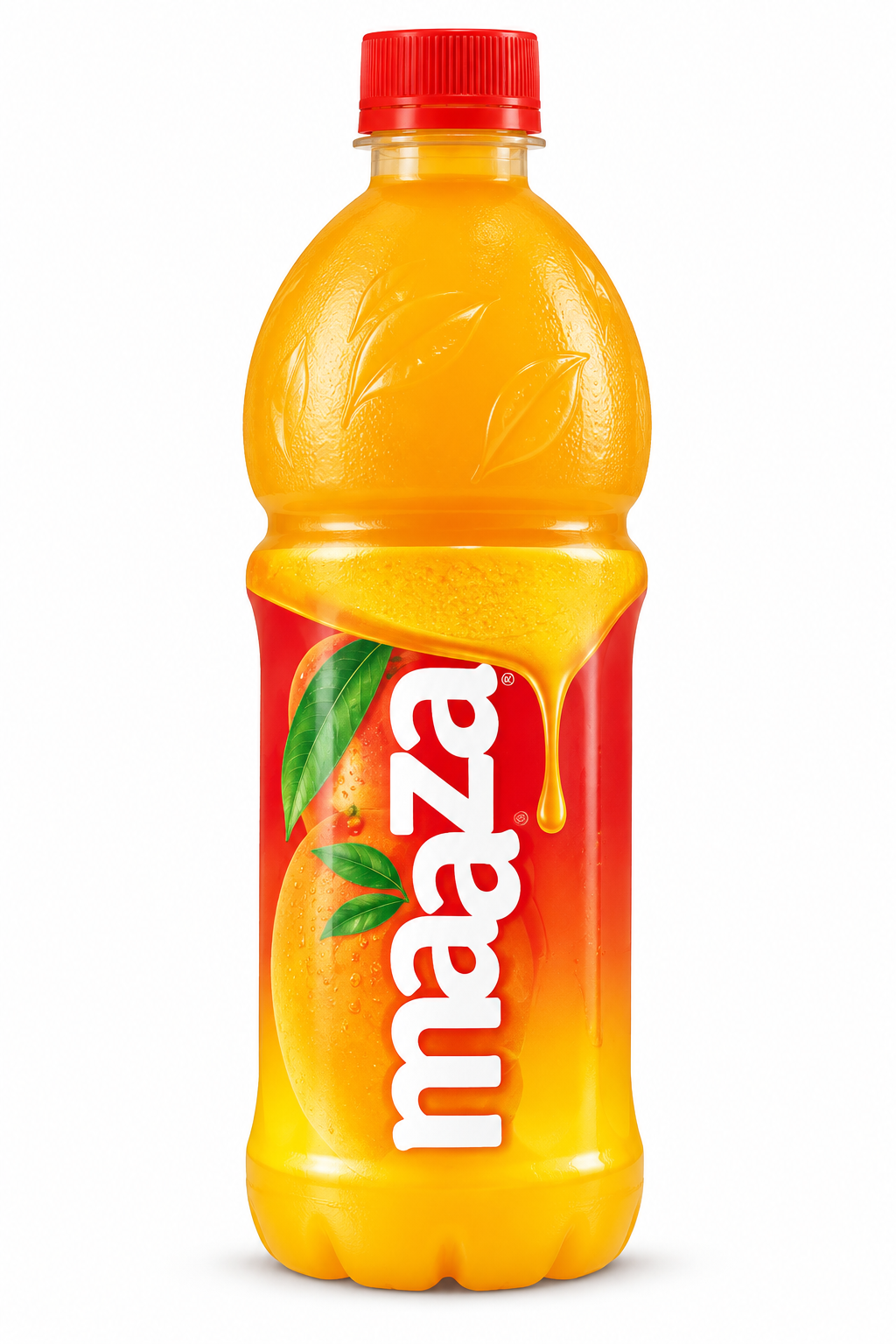 Maaza Mango Drink 1.2 litre plastic bottle featuring a red cap, orange-yellow mango drink, red and gold packaging, bold white Maaza branding, and fresh mango illustrations.