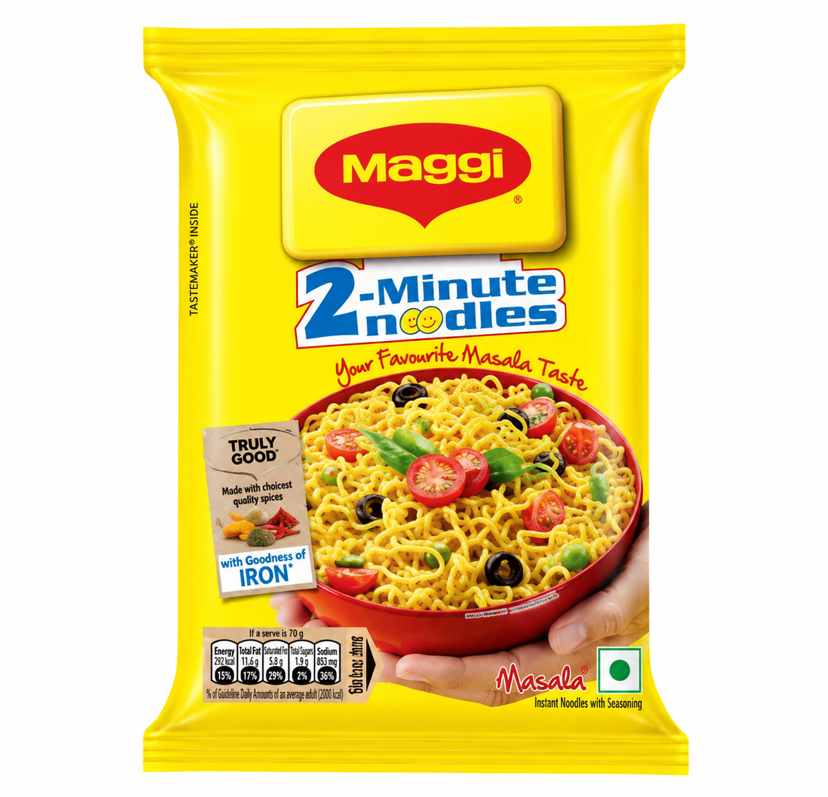 Maggi 2-Minute Masala Noodles 70g packet in bright yellow packaging, featuring the Maggi logo and a bowl of masala noodles with vegetables, displayed on a clean white background.