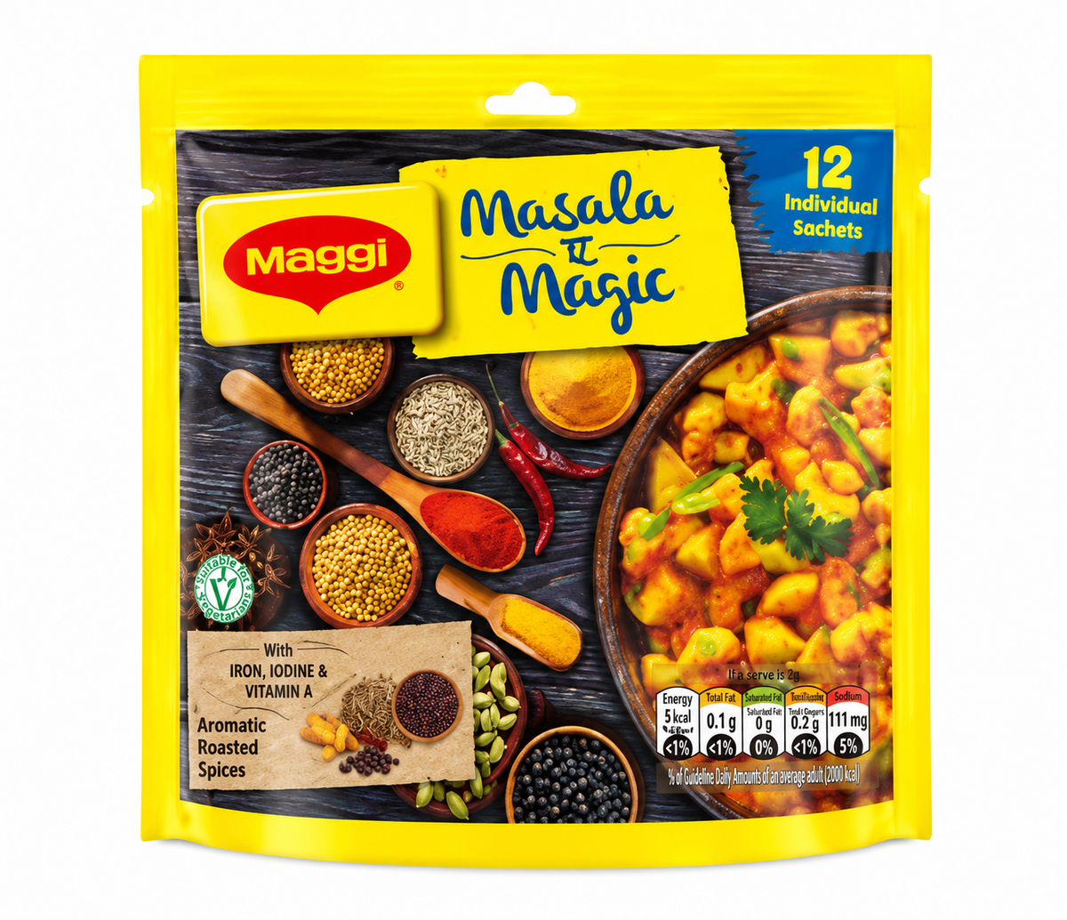 Maggi Masala Magic seasoning mix pouch with yellow packaging, featuring assorted aromatic spices, red chilies, and a bowl of Indian curry, displayed on a clean white background.