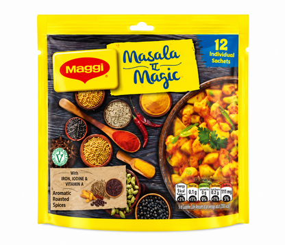 Maggi Masala Magic seasoning mix pouch with yellow packaging, featuring assorted aromatic spices, red chilies, and a bowl of Indian curry, displayed on a clean white background.