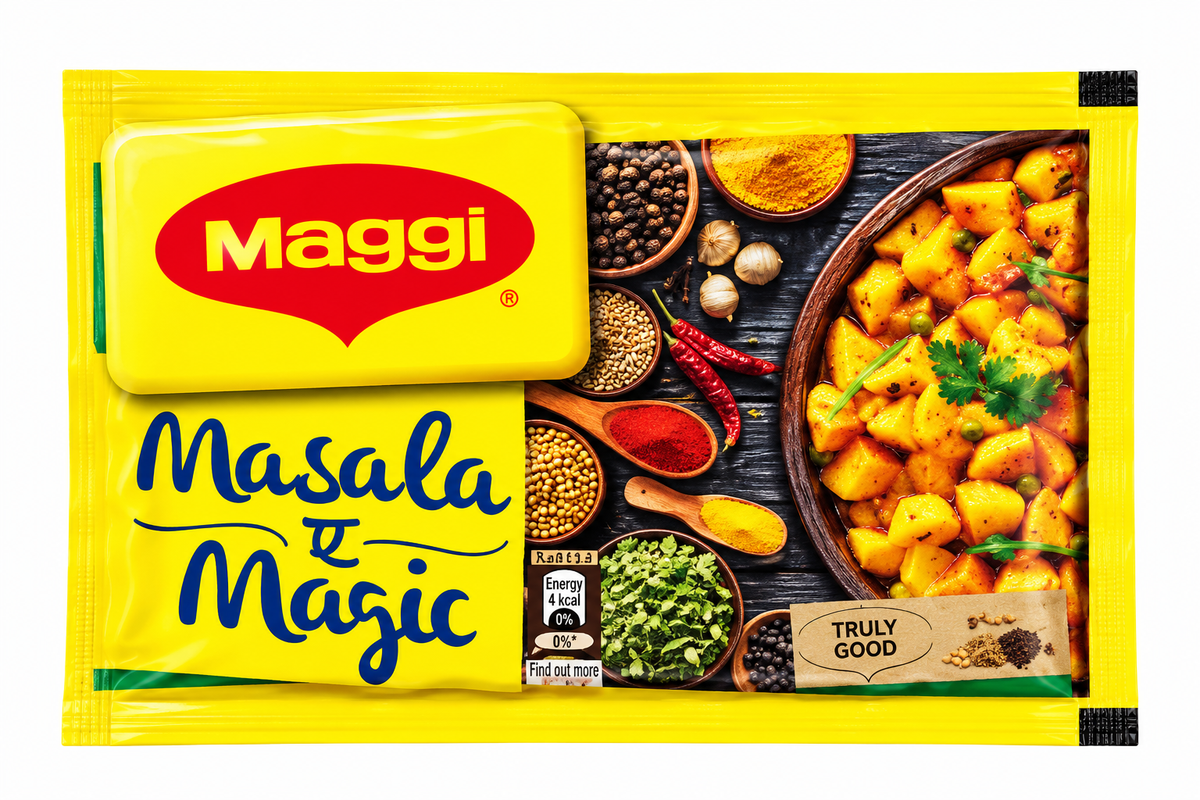 Maggi Masala Magic seasoning pouch featuring bright yellow packaging, the Maggi logo, assorted Indian spices, red chilies, and a bowl of curry, displayed on a clean white background.