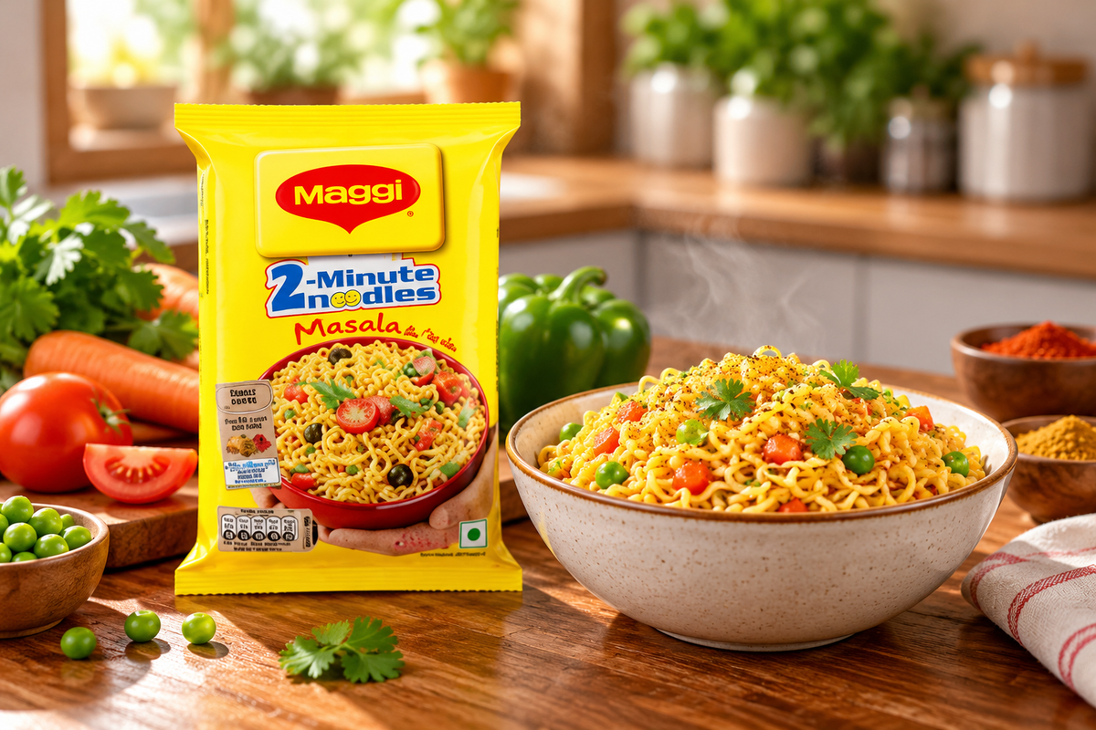 Maggi Masala Noodles 70g single pack served with a bowl of cooked masala noodles topped with vegetables and fresh coriander.