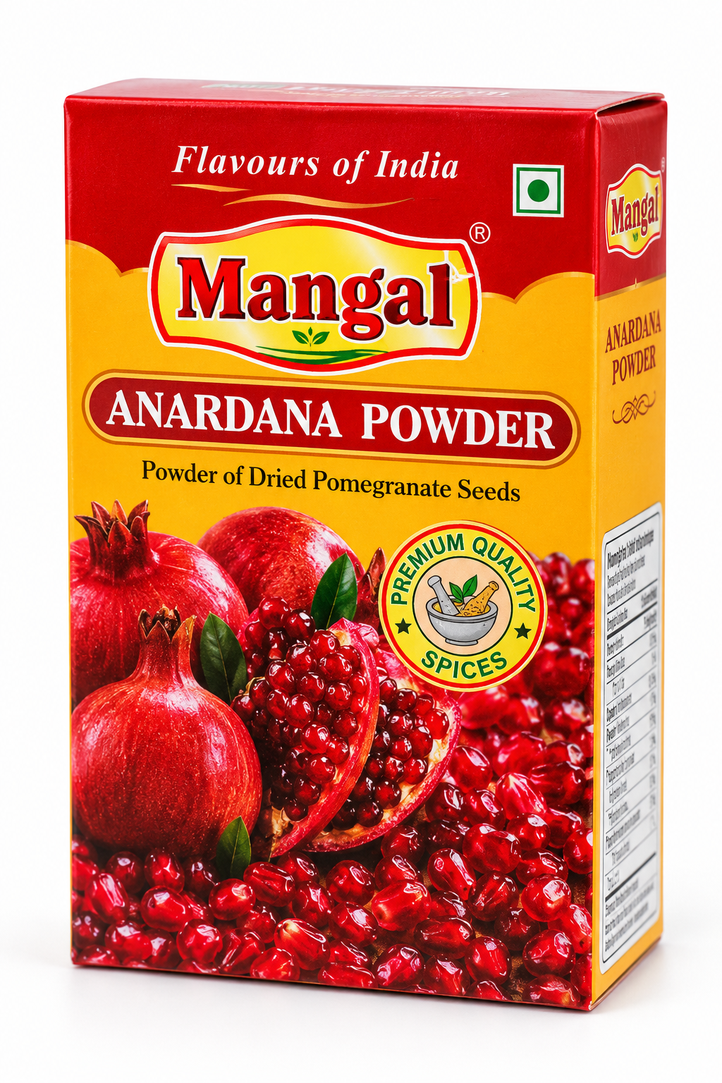 Mangal Anardana Powder 100g spice box featuring red and yellow packaging, Mangal branding, and images of fresh pomegranates, juicy pomegranate seeds, and dried pomegranate powder.