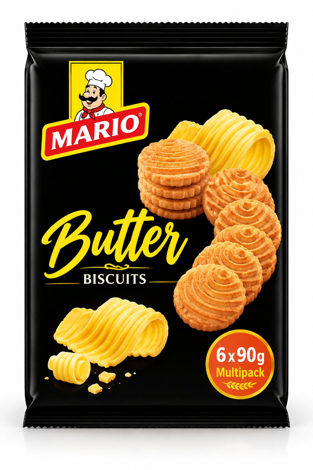 Mario Butter Cookies 540g multipack featuring golden, crispy butter biscuits and decorative butter curls in black packaging with yellow lettering.