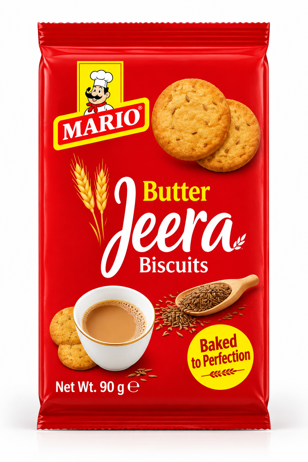 Mario Butter Jeera Biscuits 90g pack featuring golden, crispy cumin-flavoured biscuits, cumin seeds, and a cup of tea in red packaging.