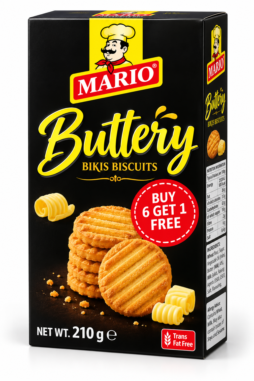 Mario Buttery Bikis Biscuits 210g pack featuring golden, crispy butter biscuits and butter curls in black and yellow packaging.