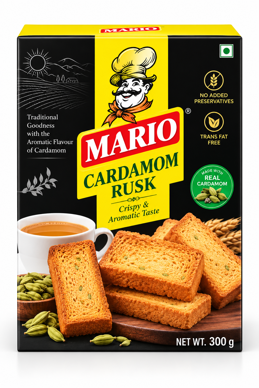 Mario Cardamom Rusk 300g pack featuring crispy golden cardamom-flavoured rusks, green cardamom pods, and a cup of tea in black and yellow packaging.