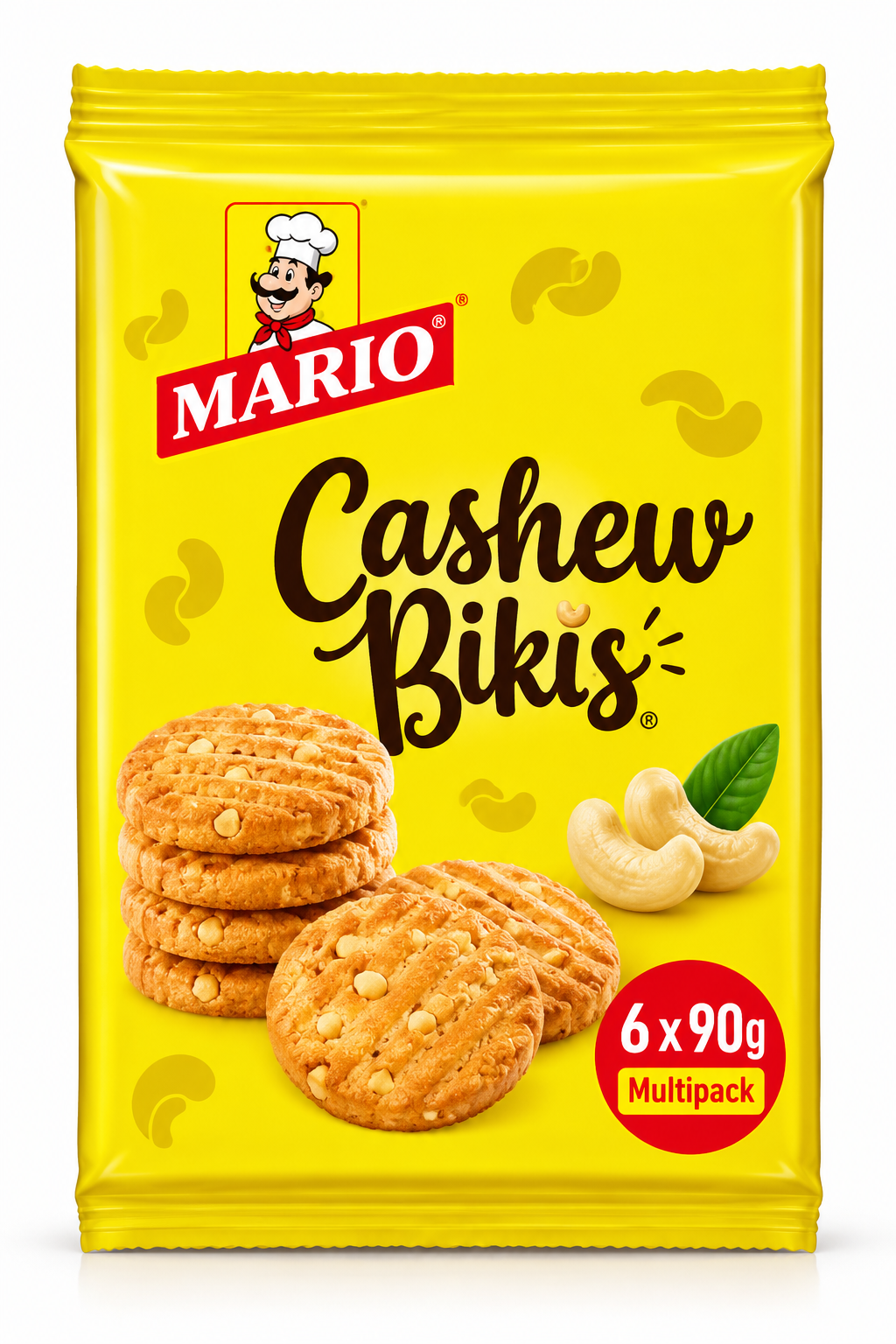 Mario Cashew Cookies 90g multipack featuring golden, crunchy cashew biscuits and cashew nuts in bright yellow packaging.