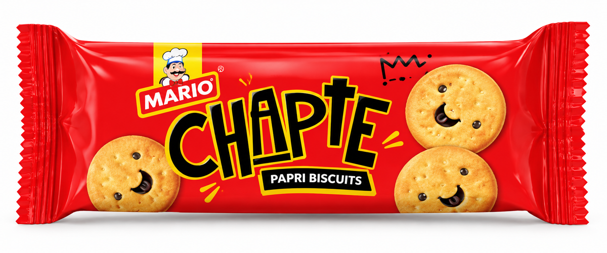 Mario Chapte Papri Biscuits 100g pack featuring golden, crispy biscuits with playful smiley faces in bright red packaging.