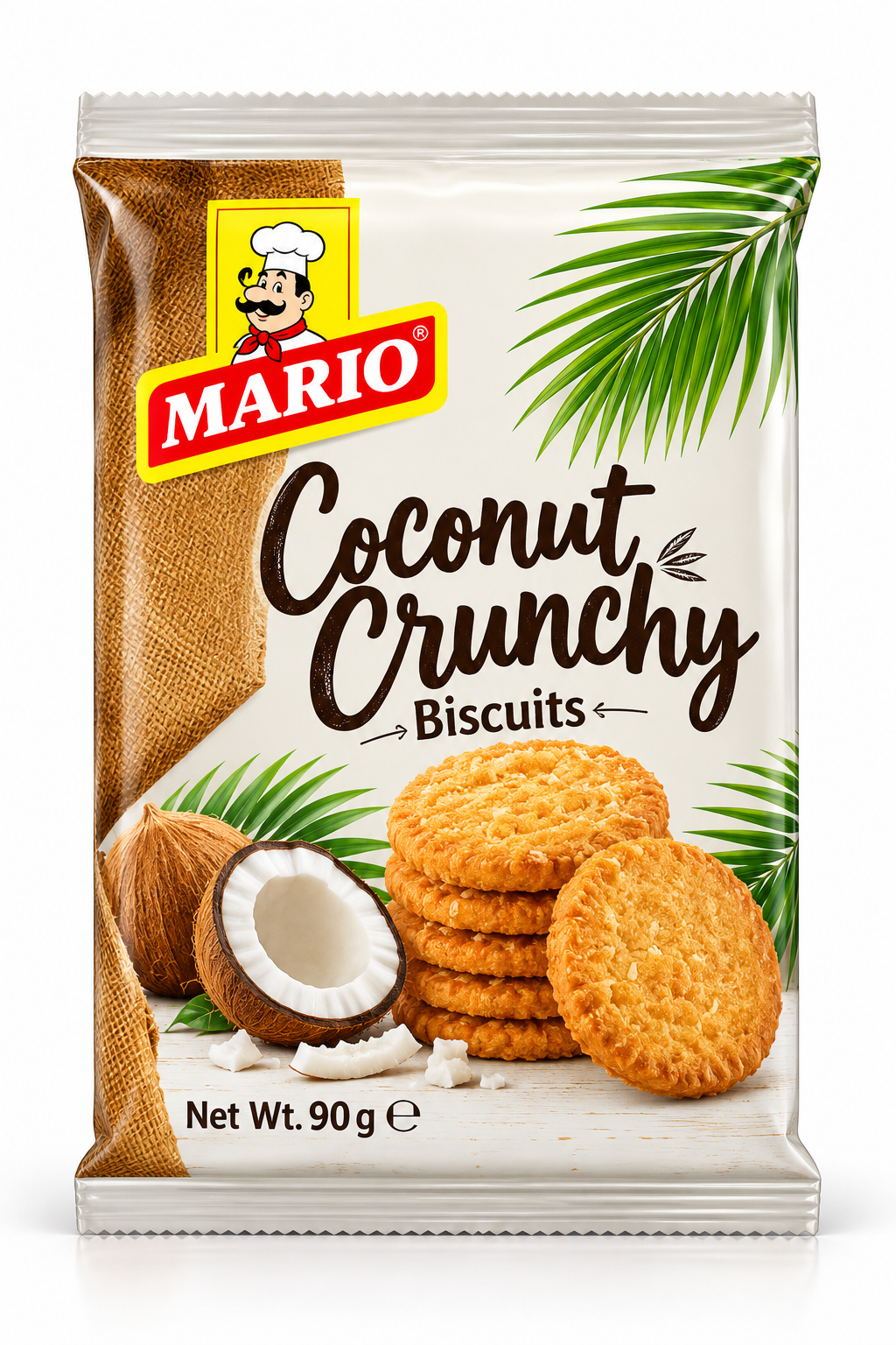 Mario Coconut Crunchy Biscuits 90g pack featuring golden, crispy coconut biscuits, fresh coconut halves, and green palm leaves in cream and brown packaging.