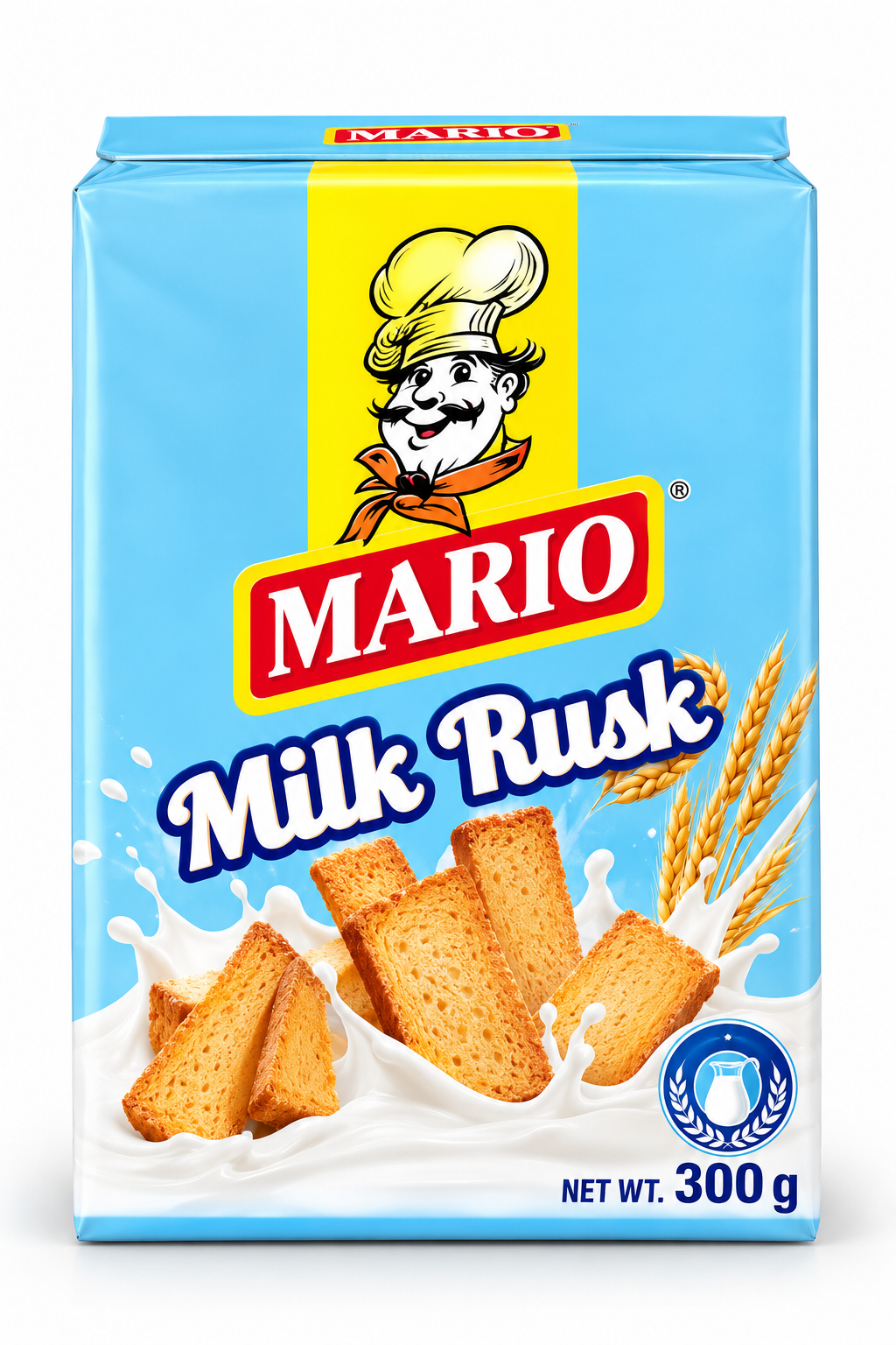Mario Milk Rusk 300g pack featuring crispy golden toasted rusks with milk splash imagery in light-blue packaging.