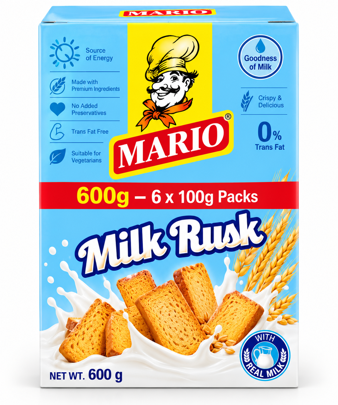 Mario Milk Rusk 600g pack featuring crispy golden toasted rusks with milk splash and wheat imagery in light-blue packaging.
