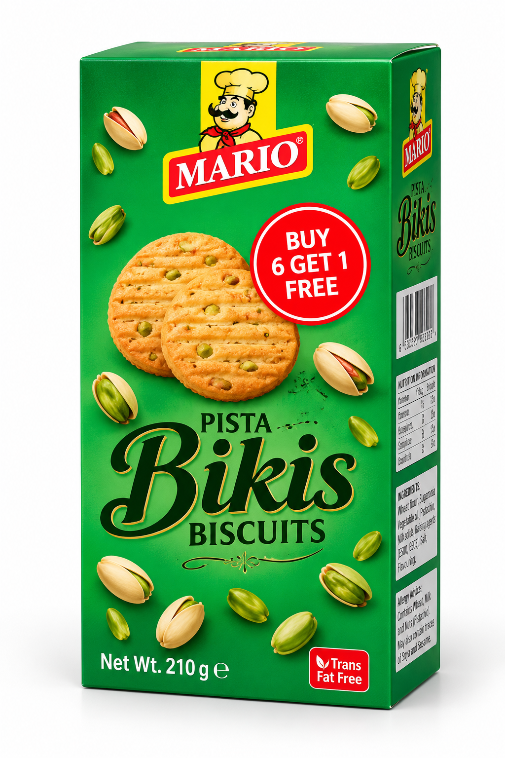 Mario Pista Bikis Biscuits 210g pack featuring golden, crunchy pistachio biscuits and pistachio nuts in green packaging.
