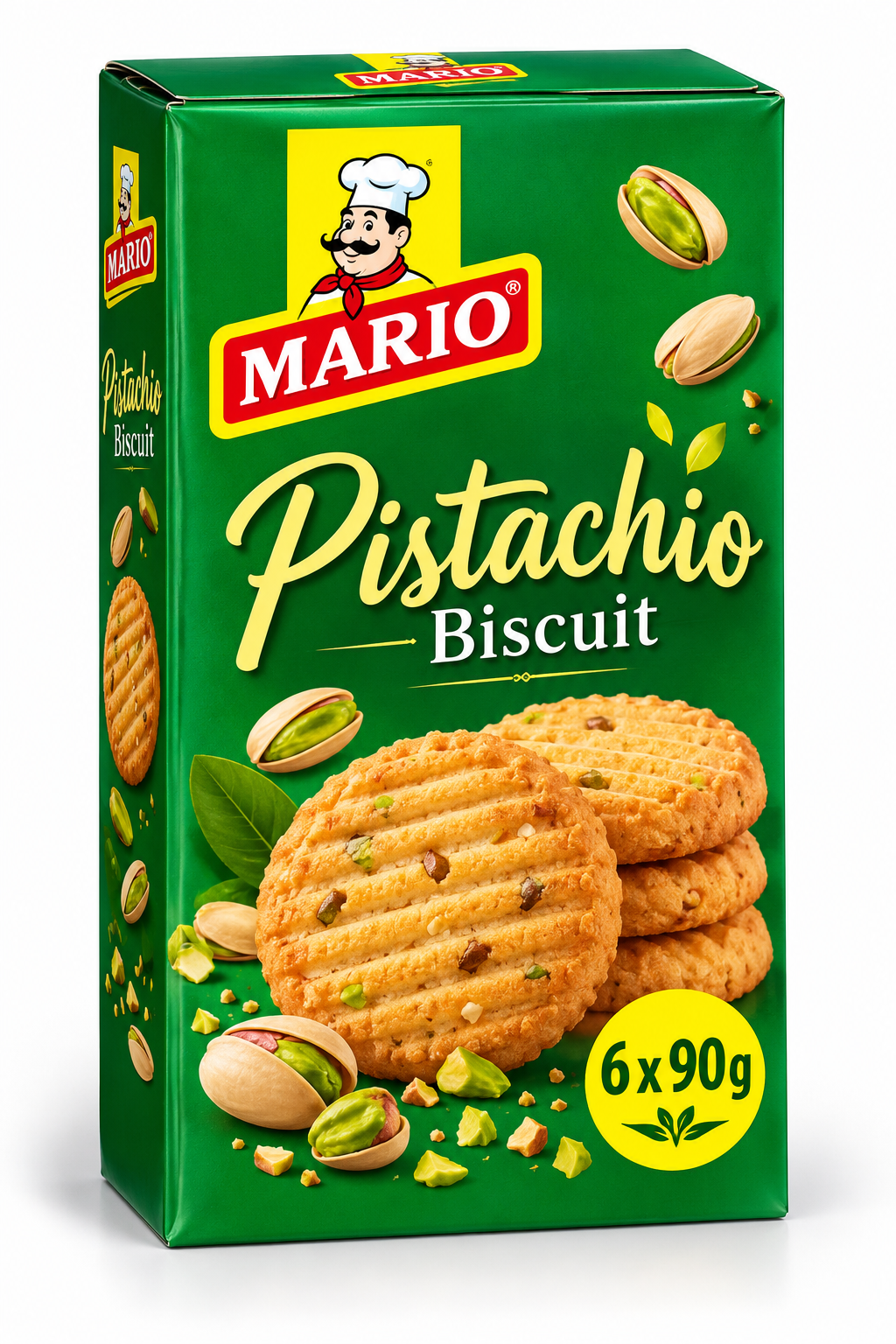 Mario Pistachio Cookies Family Pack 540g featuring golden, crunchy pistachio biscuits and pistachio nuts in green packaging.