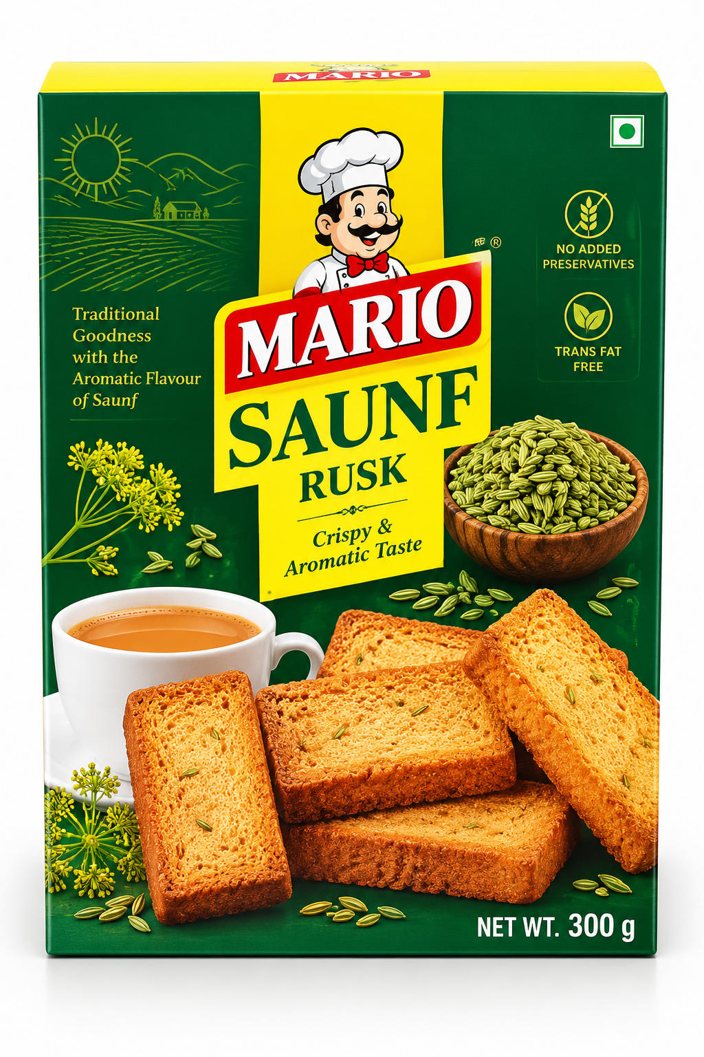 Mario Saunf Rusk 300g pack featuring crispy golden fennel-flavoured rusks, green fennel seeds, and a cup of tea in green and yellow packaging.