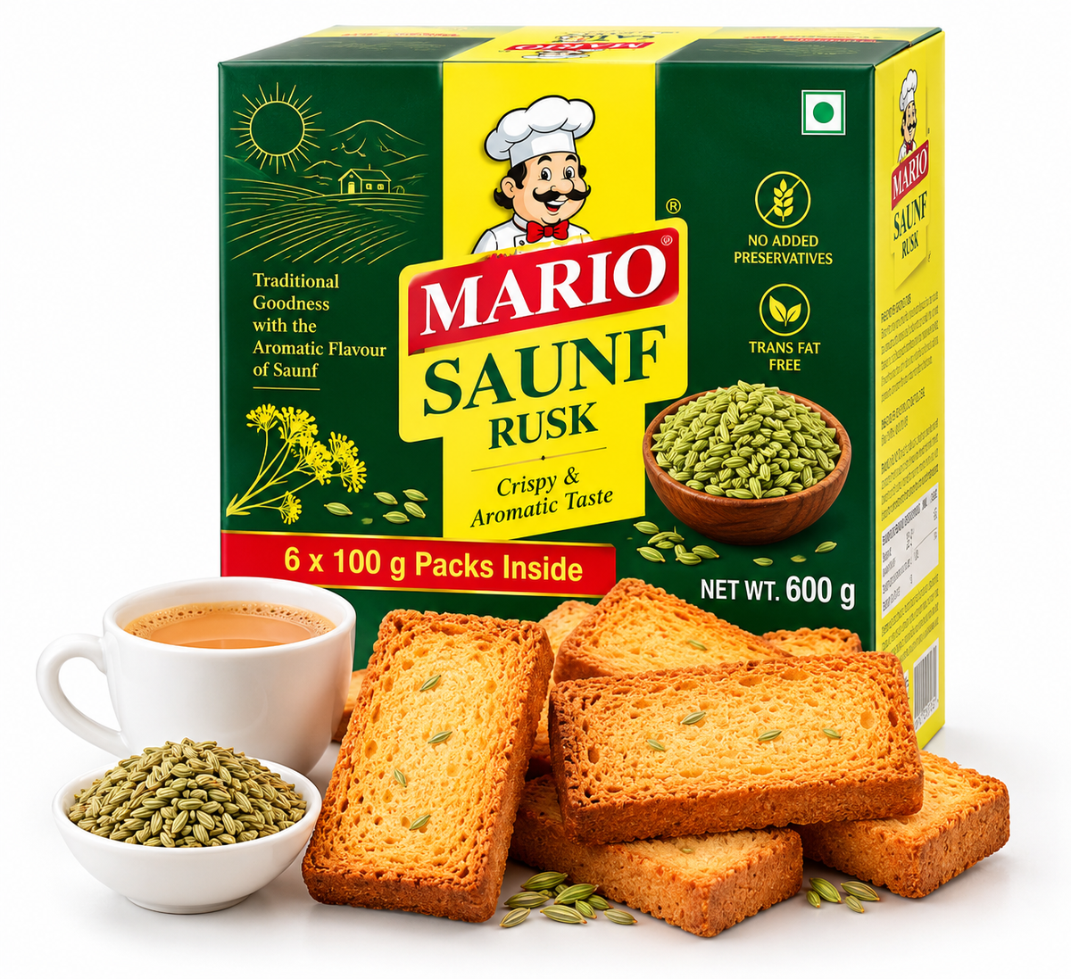 Mario Saunf Rusk 600g pack featuring crispy golden fennel-flavoured rusks, green fennel seeds, and a cup of tea in green and yellow packaging.