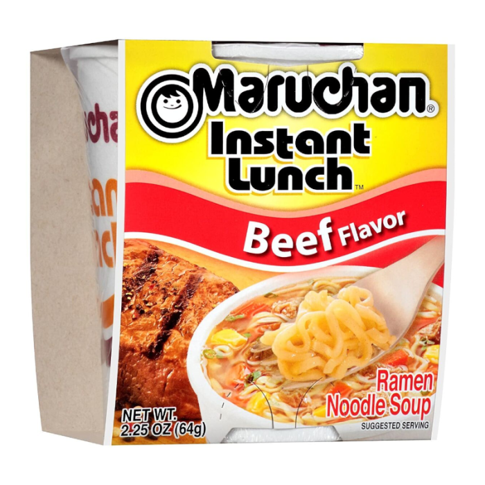Maruchan Instant Lunch Beef Noodles packaging showing beef-flavored ramen