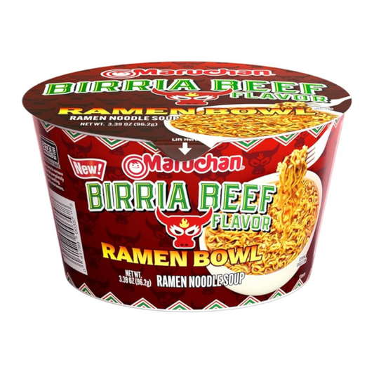 Front view of Maruchan Bowl Birria Beef ramen bowl, 3.39 oz.