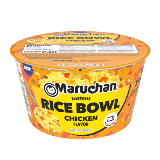 Front view of Maruchan Bowl Instant Rice Chicken, 3.76 oz.Maruchan Instant Rice Chicken bowl packaging.