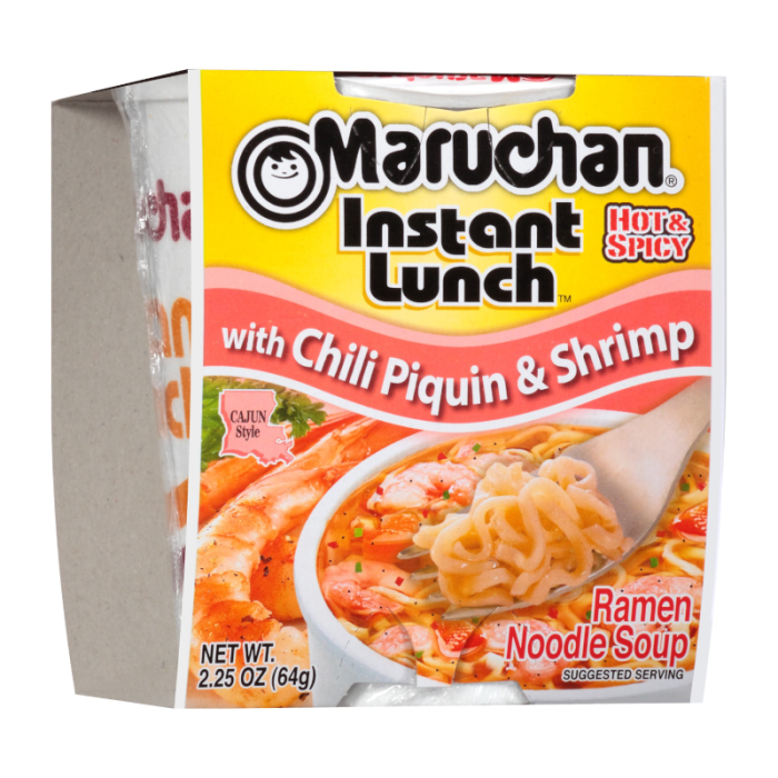 Front view of Maruchan Chili Piquin & Shrimp Instant Lunch Noodles 2.25 oz bowl.