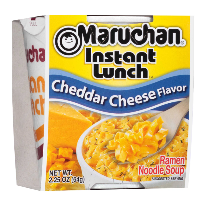 Maruchan Instant Lunch Cheddar Cheese Noodles packaging showing creamy cheddar flavor
