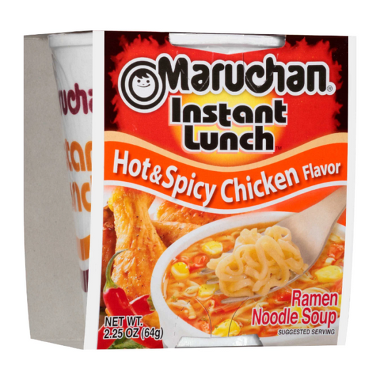 Front view of Maruchan Instant Lunch Hot & Spicy Chicken Noodles cup, 2.25 oz.
