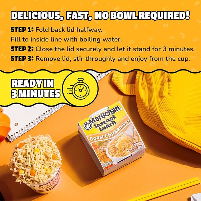 Top-down view of unopened Maruchan Instant Lunch Roast Chicken Noodles cup.