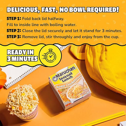 Top-down view of unopened Maruchan Instant Lunch Roast Chicken Noodles cup.