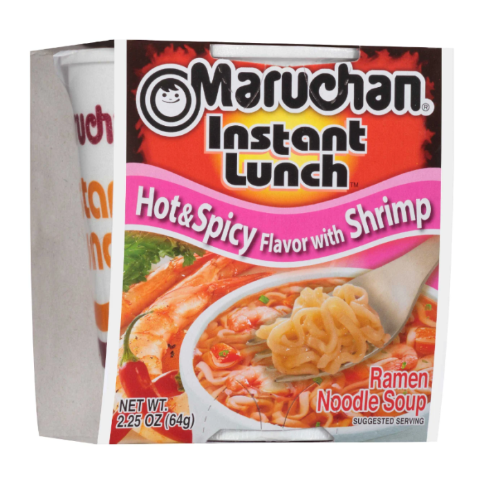 Maruchan 2.25 oz Instant Lunch Hot & Spicy Shrimp flavor, ready-to-prepare noodle soup.