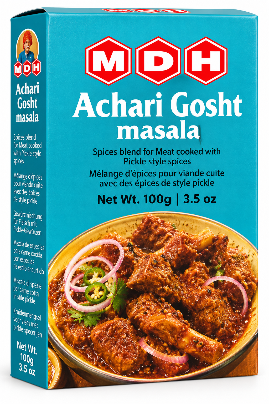 MDH Achari Gosht Masala 100g spice packet featuring teal-blue packaging, red MDH branding, and a photograph of spicy mutton curry garnished with sliced onions, green chillies, and fresh coriander.