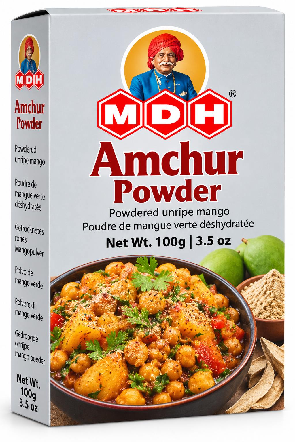 MDH Amchur Powder 100g spice packet featuring light grey packaging, red MDH branding, and a photograph of Indian curry garnished with fresh coriander, alongside green raw mangoes and dried mango powder.